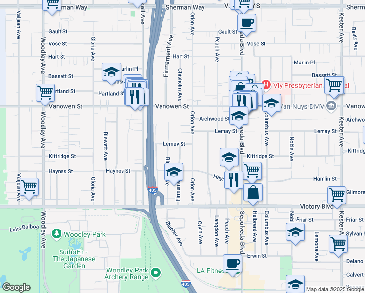 map of restaurants, bars, coffee shops, grocery stores, and more near 6618 Firmament Avenue in Los Angeles