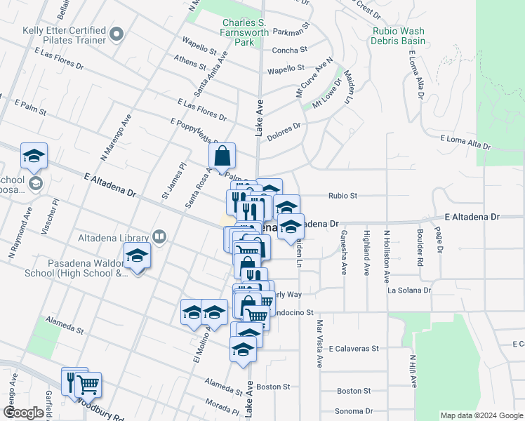 map of restaurants, bars, coffee shops, grocery stores, and more near 2640 Lake Avenue in Altadena