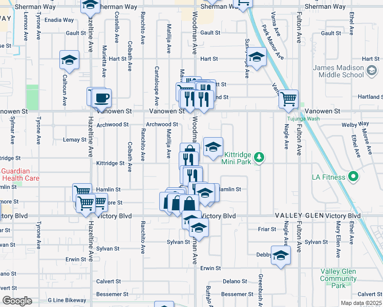 map of restaurants, bars, coffee shops, grocery stores, and more near 6624 Woodman Avenue in Los Angeles