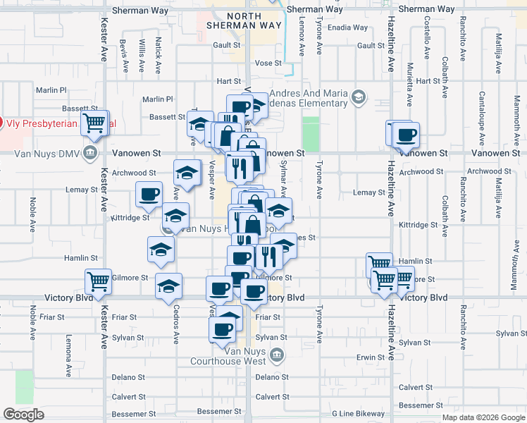 map of restaurants, bars, coffee shops, grocery stores, and more near 14429 Kittridge Street in Los Angeles