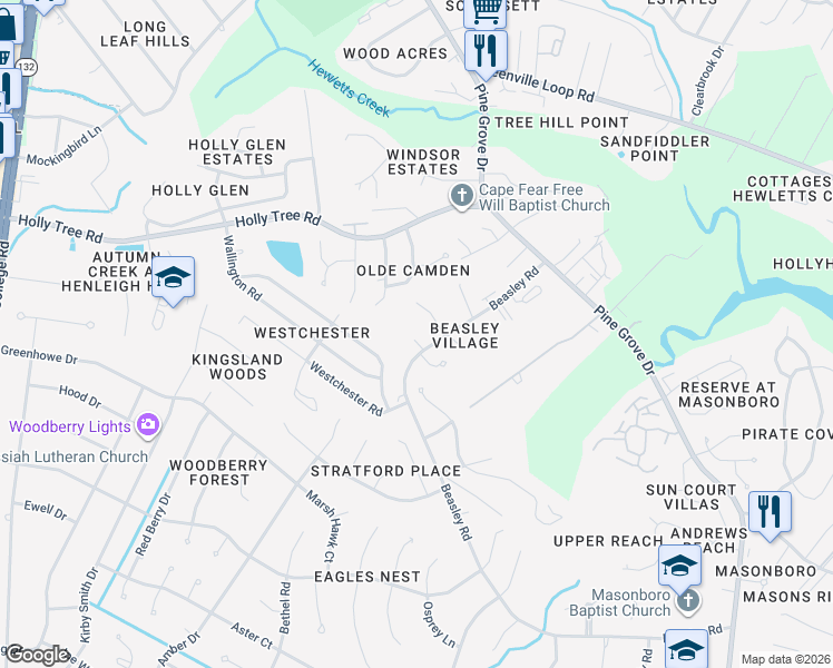 map of restaurants, bars, coffee shops, grocery stores, and more near 420 Beasley Road in Wilmington