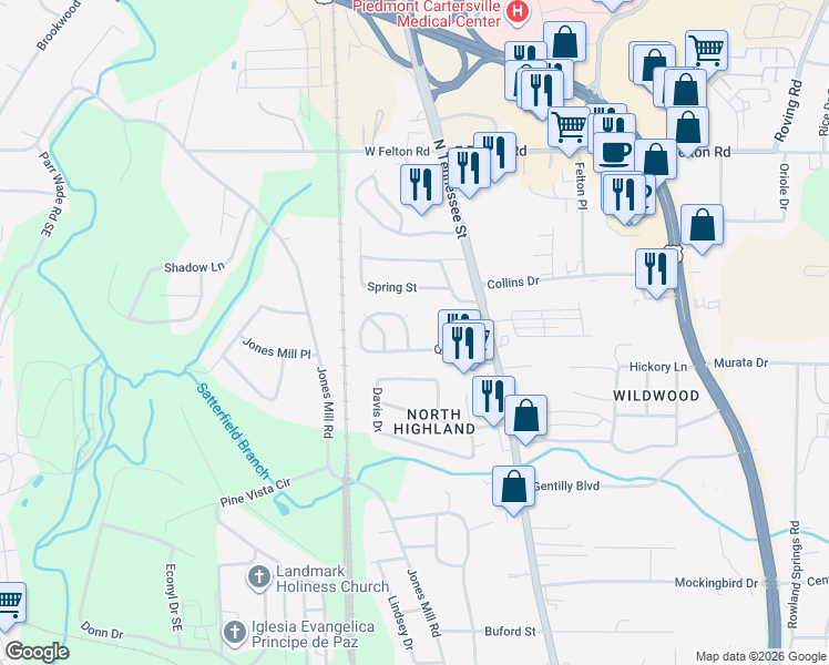 map of restaurants, bars, coffee shops, grocery stores, and more near 88 Quail Run in Cartersville