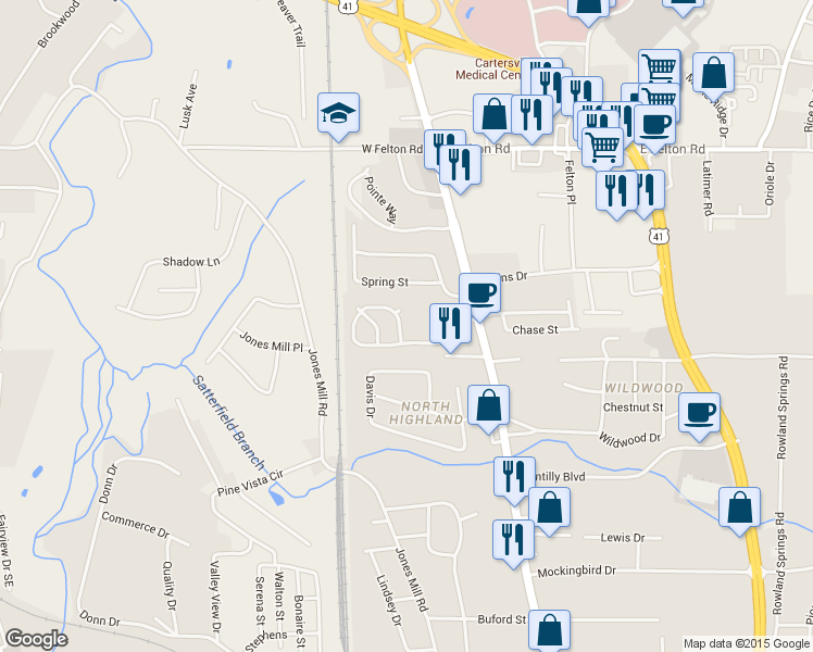 map of restaurants, bars, coffee shops, grocery stores, and more near 88 Quail Run in Cartersville