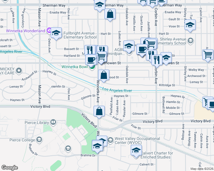 map of restaurants, bars, coffee shops, grocery stores, and more near 20010 Kittridge Street in Los Angeles