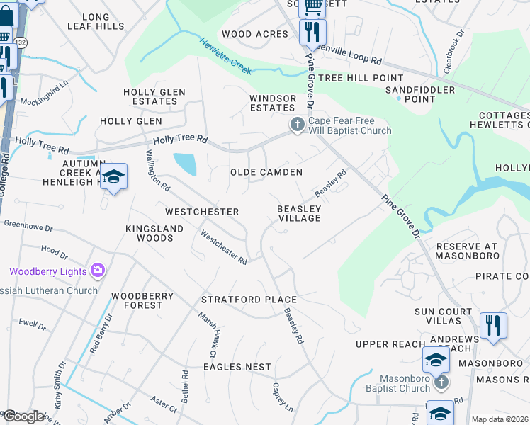 map of restaurants, bars, coffee shops, grocery stores, and more near 420 Beasley Road in Wilmington