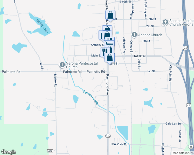 map of restaurants, bars, coffee shops, grocery stores, and more near 157-161 Palmetto Road in Tupelo