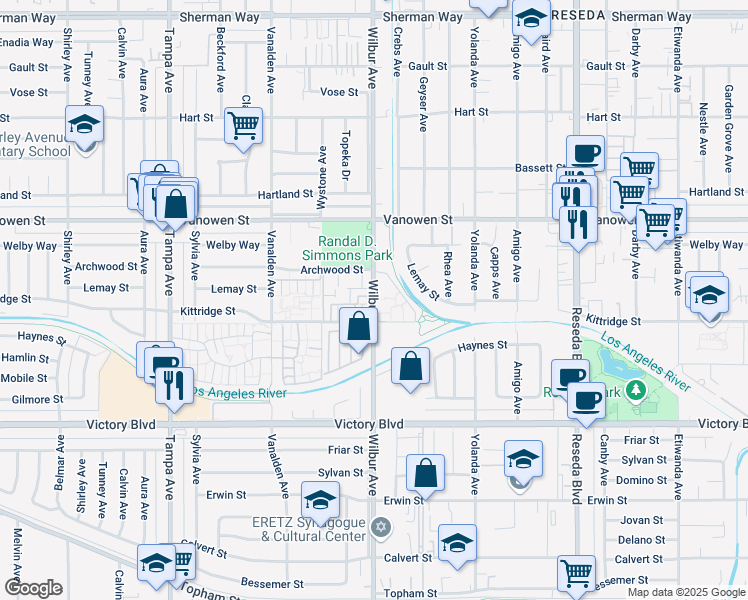 map of restaurants, bars, coffee shops, grocery stores, and more near 6634 Wilbur Avenue in Los Angeles
