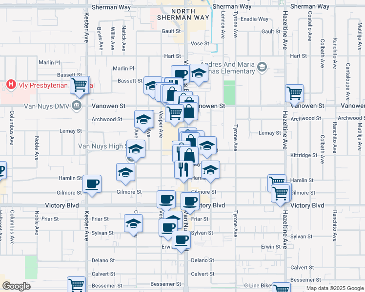 map of restaurants, bars, coffee shops, grocery stores, and more near 6609 Van Nuys Boulevard in Los Angeles