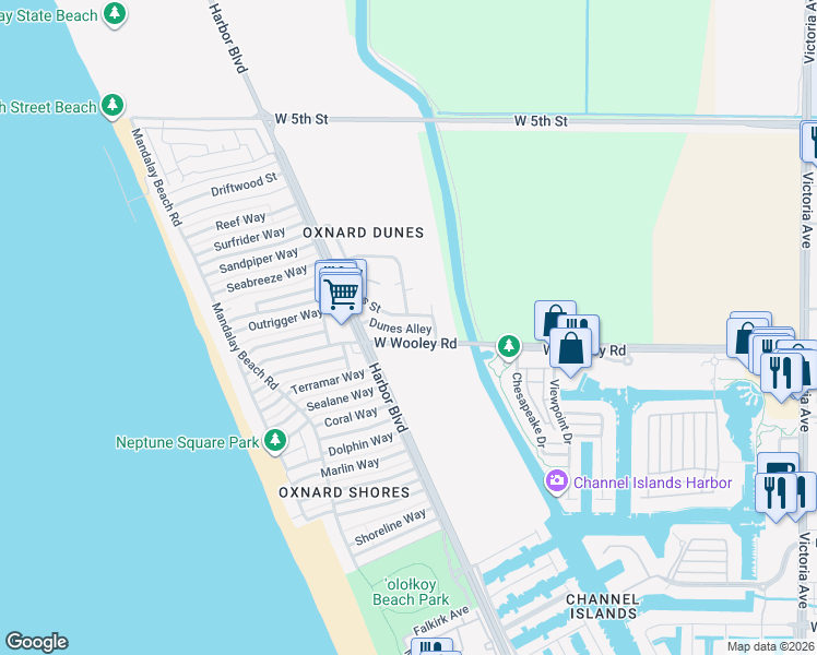 map of restaurants, bars, coffee shops, grocery stores, and more near 4830 Dunes Alley in Oxnard