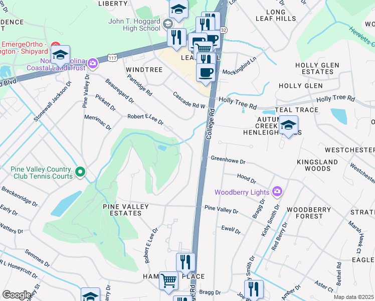 map of restaurants, bars, coffee shops, grocery stores, and more near 416 Robert E Lee Drive in Wilmington