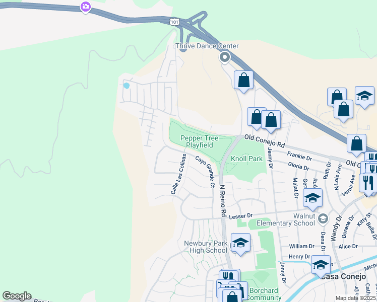 map of restaurants, bars, coffee shops, grocery stores, and more near 844 Cayo Grande Court in Thousand Oaks