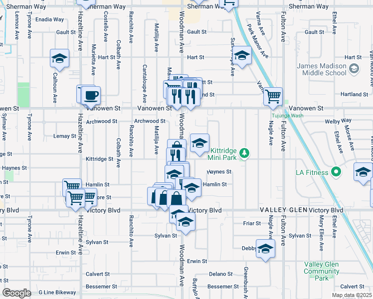 map of restaurants, bars, coffee shops, grocery stores, and more near 6624 Woodman Avenue in Los Angeles