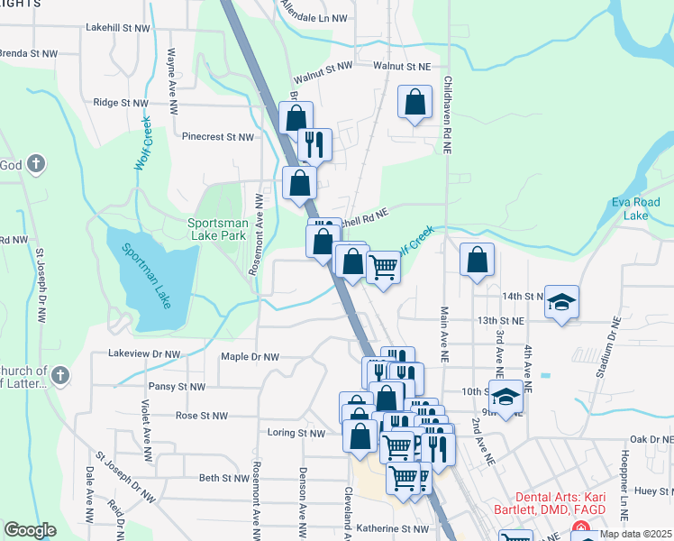 map of restaurants, bars, coffee shops, grocery stores, and more near 412 2nd Avenue Northwest in Cullman