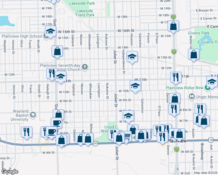 map of restaurants, bars, coffee shops, grocery stores, and more near 1004 Kokomo Street in Plainview