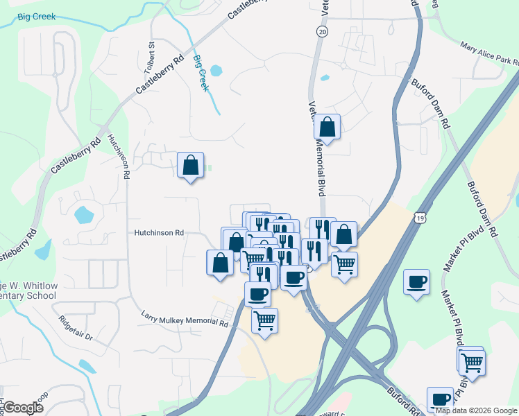map of restaurants, bars, coffee shops, grocery stores, and more near 522 Dragonfly Court in Cumming