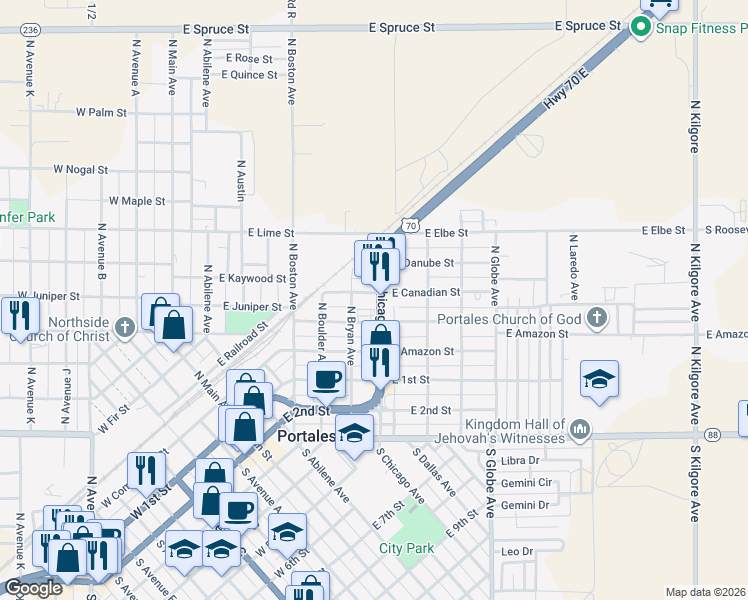 map of restaurants, bars, coffee shops, grocery stores, and more near 700 East Canadian Street in Portales
