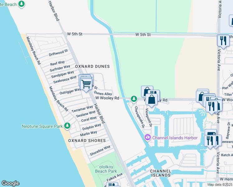 map of restaurants, bars, coffee shops, grocery stores, and more near 1056 Canal Street in Oxnard