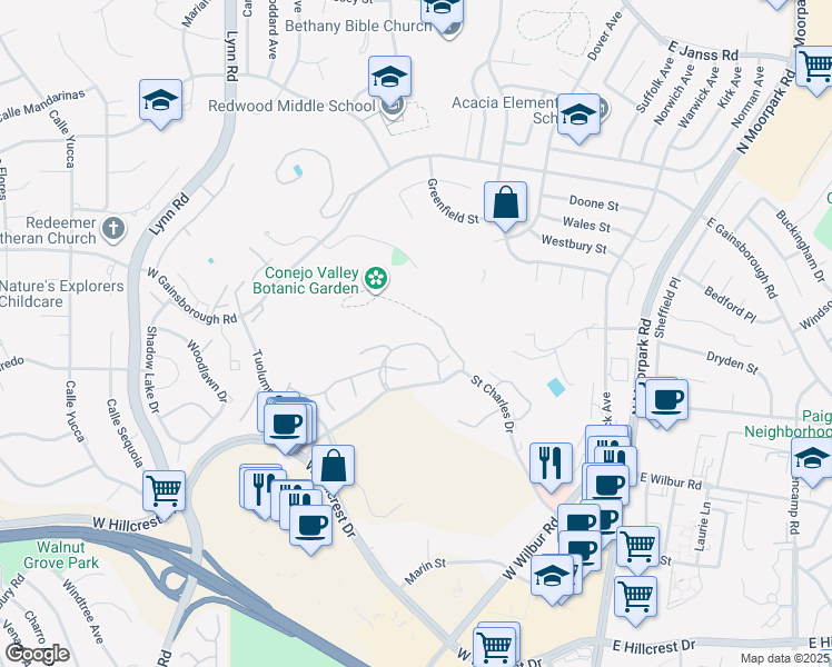 map of restaurants, bars, coffee shops, grocery stores, and more near 248 Oak Leaf Drive in Thousand Oaks