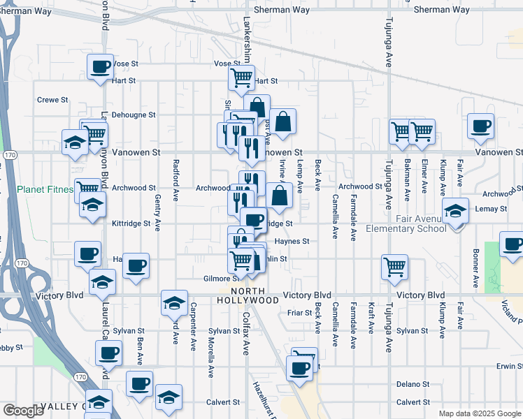 map of restaurants, bars, coffee shops, grocery stores, and more near 6623 Troost Avenue in Los Angeles