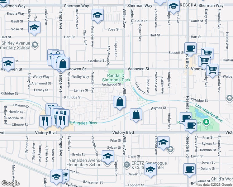 map of restaurants, bars, coffee shops, grocery stores, and more near 6629 Wilbur Avenue in Los Angeles