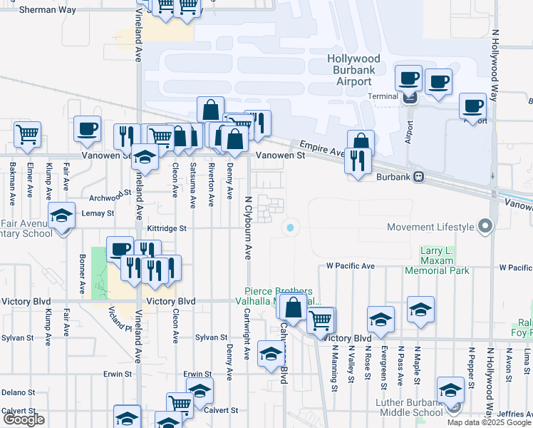 map of restaurants, bars, coffee shops, grocery stores, and more near 6616 Clybourn Avenue in Los Angeles