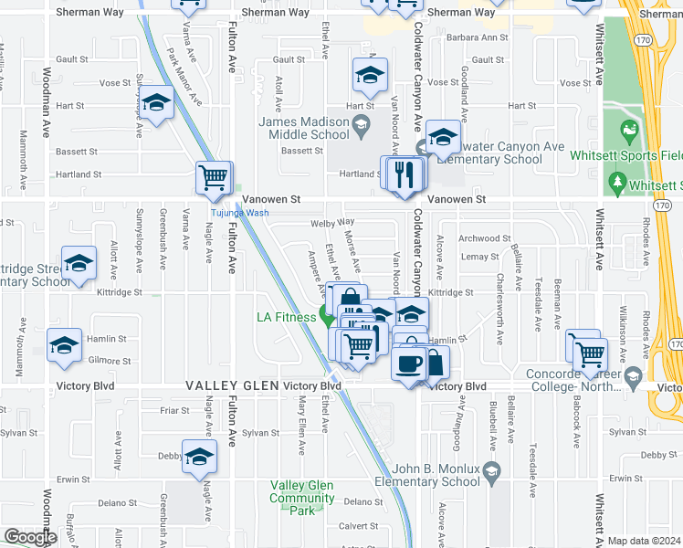 map of restaurants, bars, coffee shops, grocery stores, and more near 6634 Ethel Avenue in Los Angeles