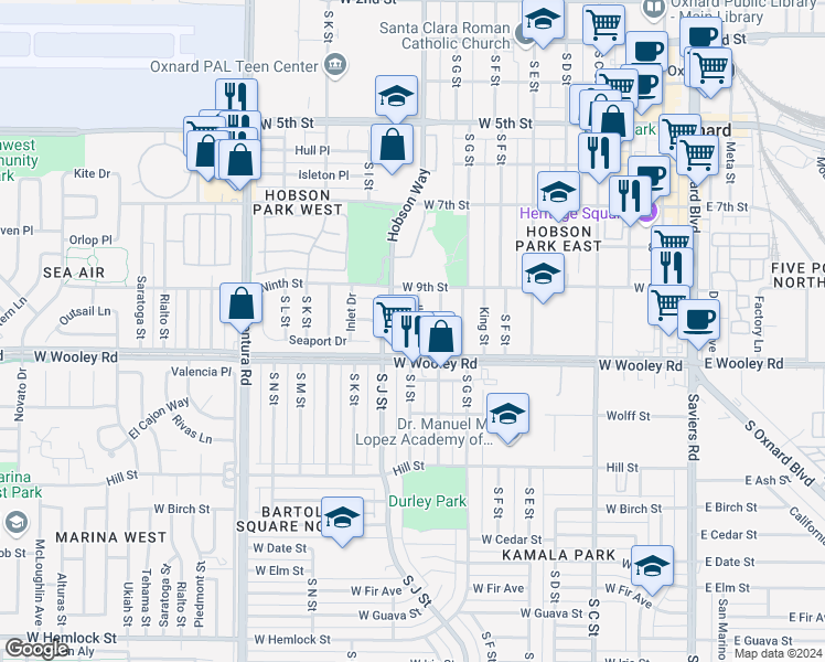 map of restaurants, bars, coffee shops, grocery stores, and more near 1021 Ilena Street in Oxnard