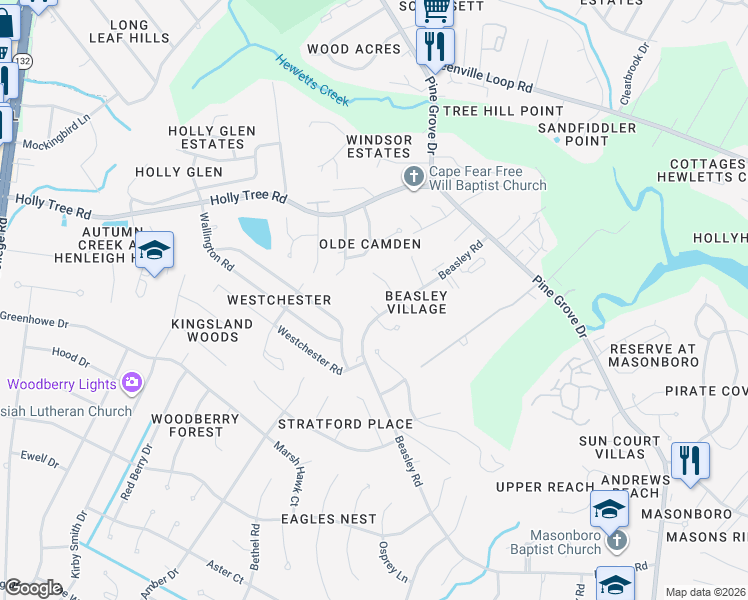 map of restaurants, bars, coffee shops, grocery stores, and more near 420 Beasley Road in Wilmington