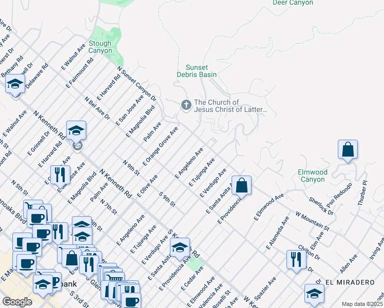 map of restaurants, bars, coffee shops, grocery stores, and more near 1055 East Angeleno Avenue in Burbank
