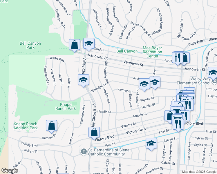 map of restaurants, bars, coffee shops, grocery stores, and more near 6613 Sheltondale Avenue in Los Angeles