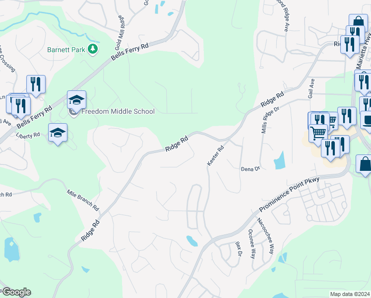 map of restaurants, bars, coffee shops, grocery stores, and more near 102 Oak Ridge Drive in Canton