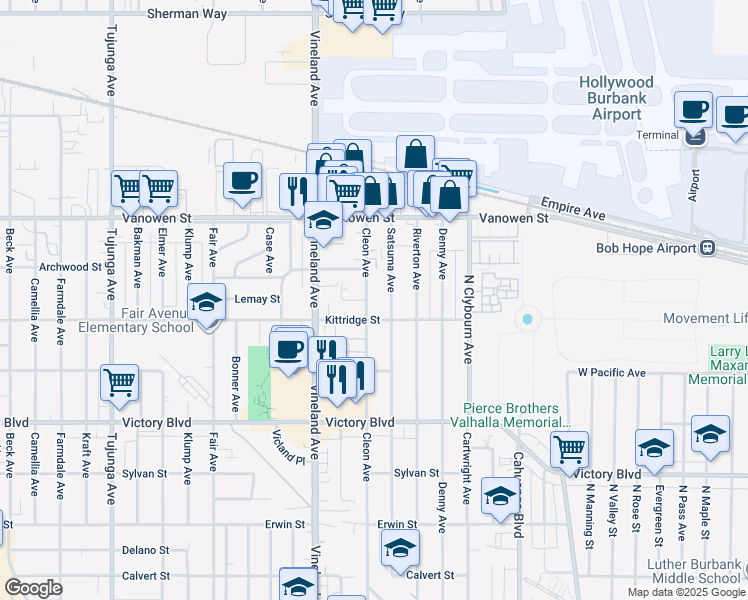 map of restaurants, bars, coffee shops, grocery stores, and more near 6622 Cleon Avenue in Los Angeles