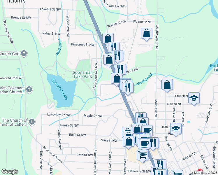 map of restaurants, bars, coffee shops, grocery stores, and more near 1404 Mitchell Road Northwest in Cullman