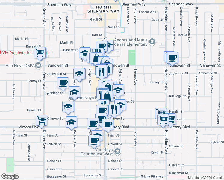 map of restaurants, bars, coffee shops, grocery stores, and more near 14429 Kittridge Street in Los Angeles