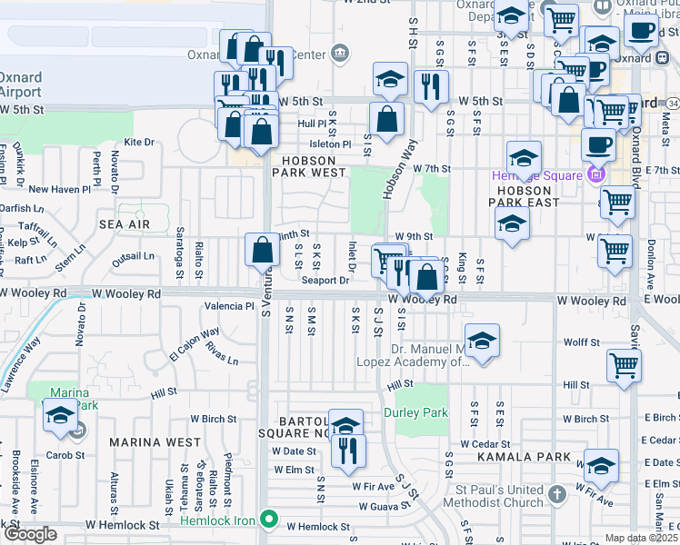 map of restaurants, bars, coffee shops, grocery stores, and more near 1034 Jurymast Drive in Oxnard