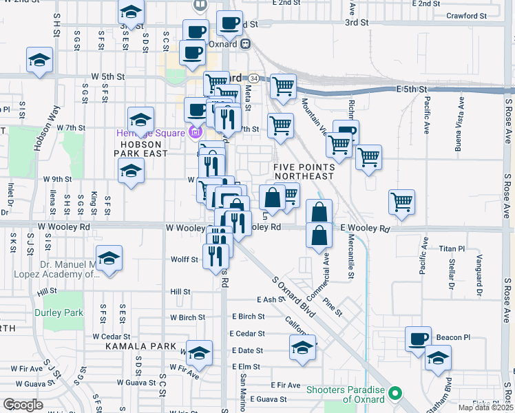 map of restaurants, bars, coffee shops, grocery stores, and more near 205 East Driffill Boulevard in Oxnard
