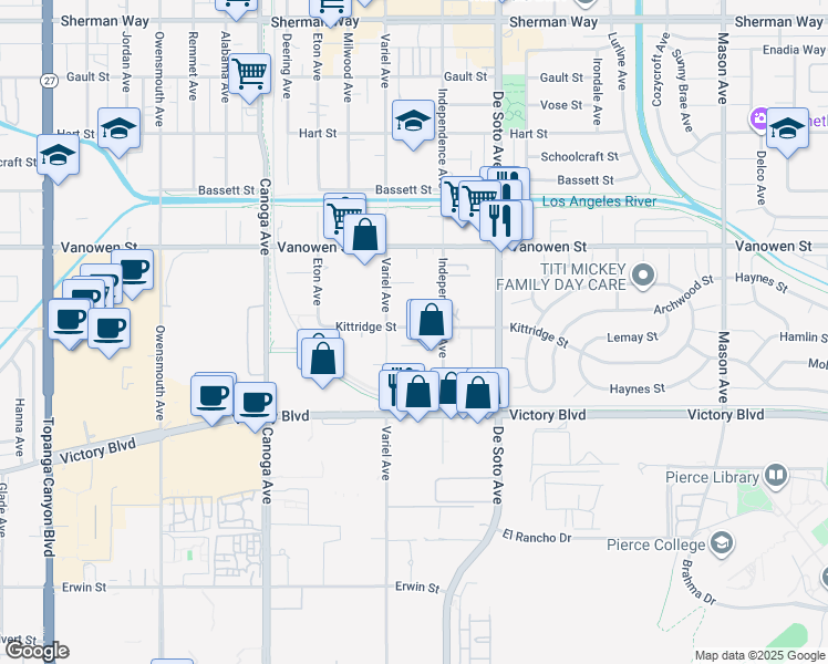 map of restaurants, bars, coffee shops, grocery stores, and more near 21050 Kittridge Street in Los Angeles