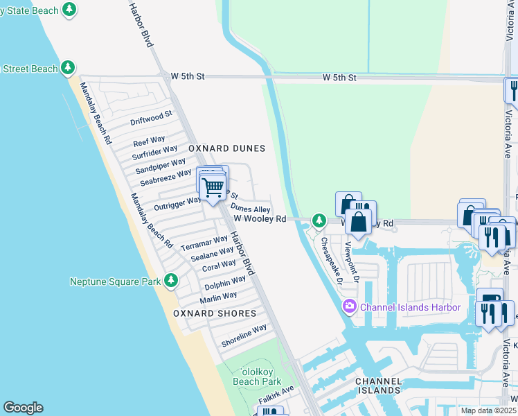map of restaurants, bars, coffee shops, grocery stores, and more near 4830 Dunes Alley in Oxnard