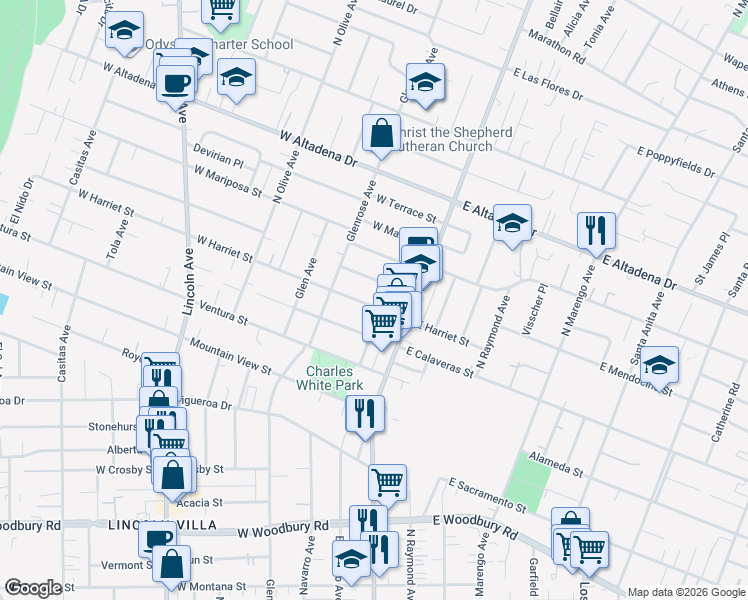 map of restaurants, bars, coffee shops, grocery stores, and more near 71 West Harriet Street in Altadena