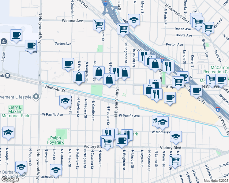 map of restaurants, bars, coffee shops, grocery stores, and more near 1901 North Buena Vista Street in Burbank