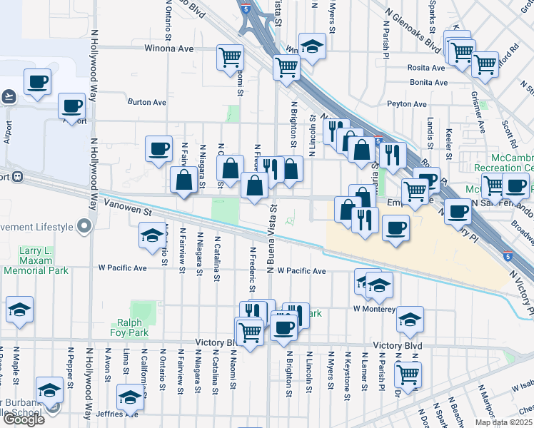 map of restaurants, bars, coffee shops, grocery stores, and more near 1901 North Buena Vista Street in Burbank