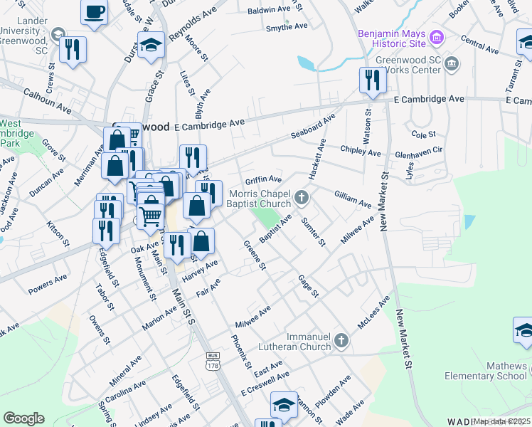 map of restaurants, bars, coffee shops, grocery stores, and more near 416 Magnolia Avenue in Greenwood