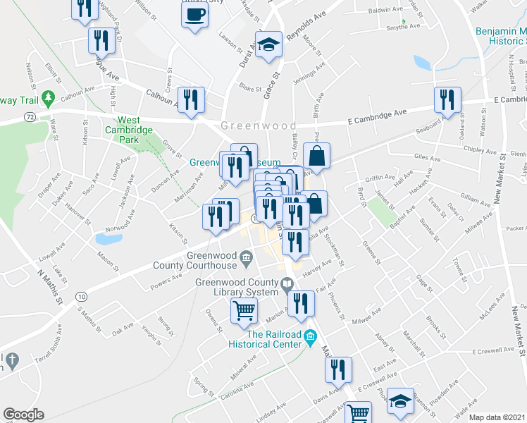 map of restaurants, bars, coffee shops, grocery stores, and more near 104 Maxwell Avenue in Greenwood