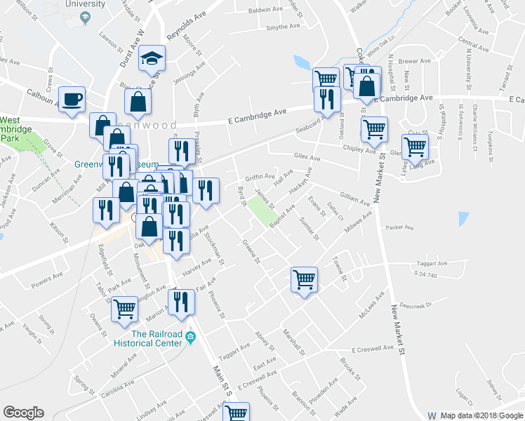 map of restaurants, bars, coffee shops, grocery stores, and more near 416 Magnolia Avenue in Greenwood