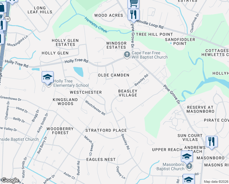 map of restaurants, bars, coffee shops, grocery stores, and more near 420 Beasley Road in Wilmington
