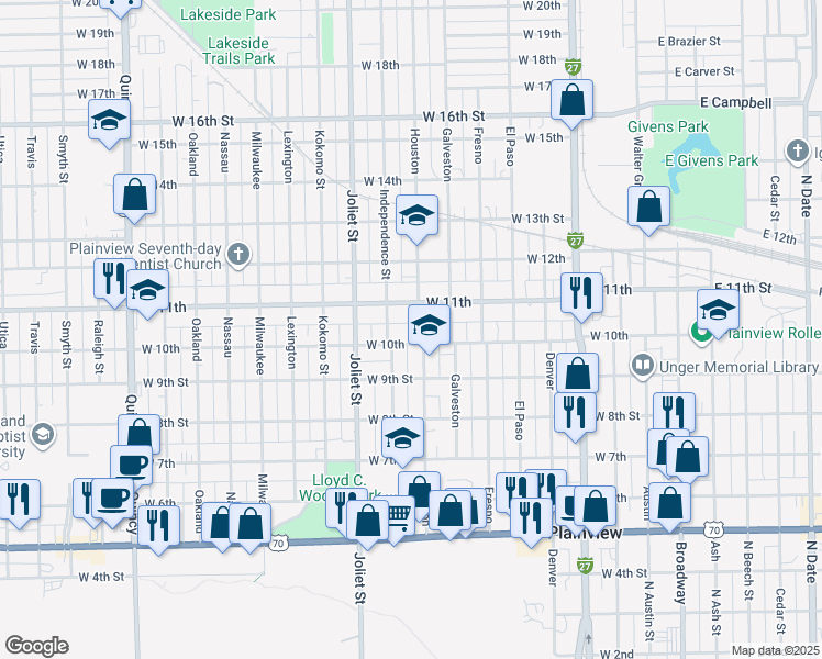 map of restaurants, bars, coffee shops, grocery stores, and more near 1005 Houston in Plainview