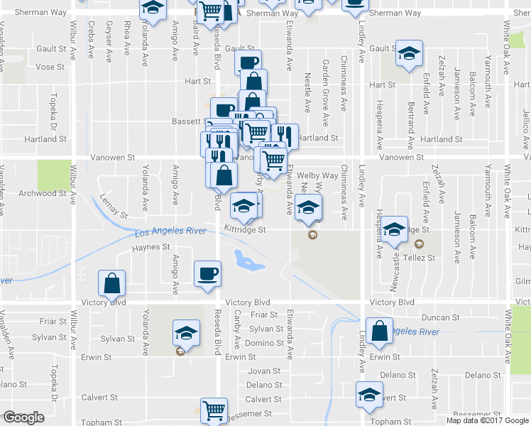 map of restaurants, bars, coffee shops, grocery stores, and more near 6626 Darby Avenue in Los Angeles