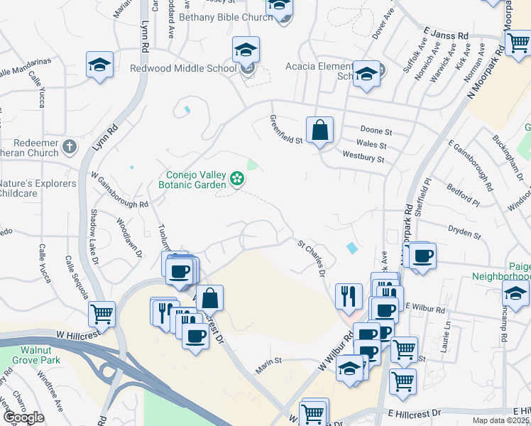 map of restaurants, bars, coffee shops, grocery stores, and more near 248 Oak Leaf Drive in Thousand Oaks