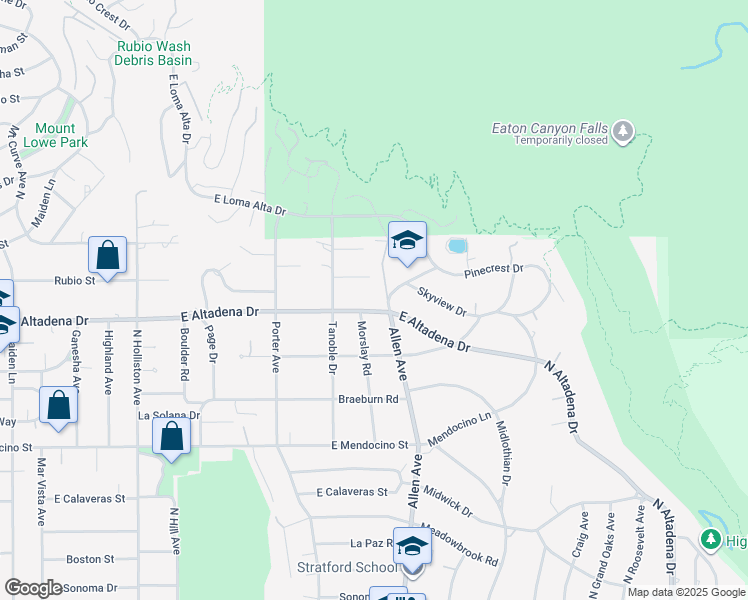 map of restaurants, bars, coffee shops, grocery stores, and more near 1825 East Altadena Drive in Altadena