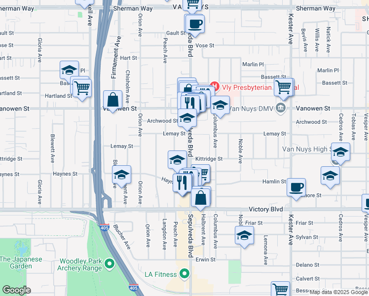 map of restaurants, bars, coffee shops, grocery stores, and more near 6625 North Sepulveda Boulevard in Los Angeles